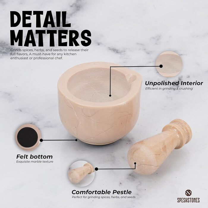 Набір мармурового ступки та пестика, 7,6 см, ручної роботи, для спецій, кухні та декору, подрібнювач для трав, млин для спецій (Verona, Small)
