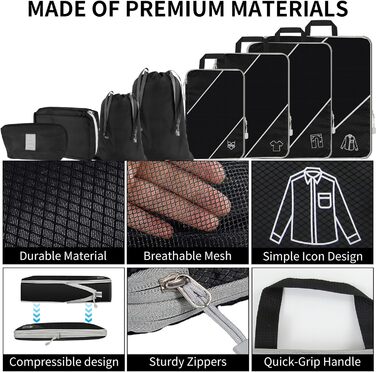 Органайзер для валізи, набір 6 шт. Компресійні кубики для пакування, дорожній органайзер, чорний (8 шт.)
