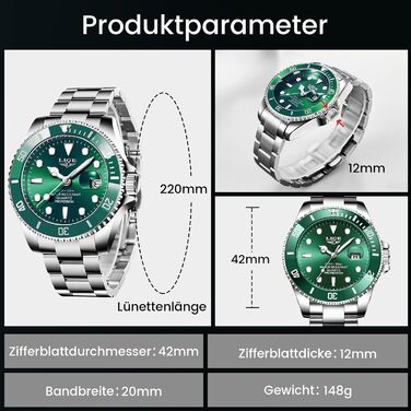 Годинник чоловічий LIGE, аналоговий кварцовий годинник з нержавіючої сталі, 3ATM водостійкий (30м), з календарем та світловим покриттям, бізнес-годинник для відпочинку (зелений)