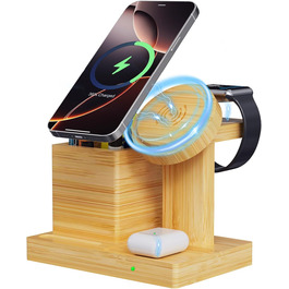 Багатофункціональна бамбукова зарядка 5-в-1 з LED-годинником та нічником. Підходить для Apple Watch, AirPods, Samsung Galaxy та інших пристроїв.