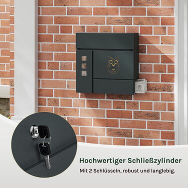 Поштова скринька WOLTU XXL з газетницею, оглядовим вікном, замком та 2 ключами, антрацит+жовтий (10,5x37x37 см)