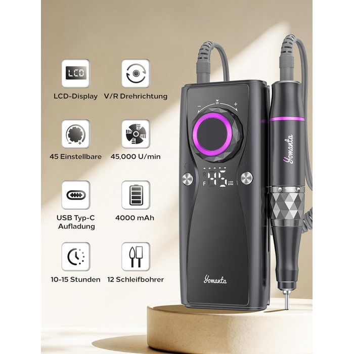 Професійний набір для фрезерування нігтів Nagelfräser: 45000 обертів, акумулятор 10H, LCD-дисплей, регулювання напрямку обертання, чорний