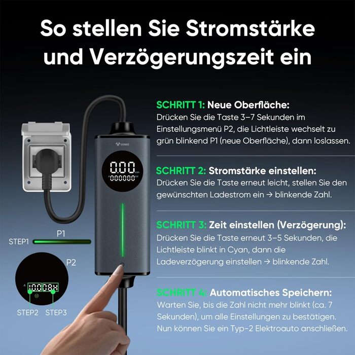Кабель для електромобіля GONEO Typ 2 Schuko, 10м, 16A, 3.68 кВт - Портативна зарядка з захистом FI, автоматичним заземленням та контролем температури, таймер для електромобіля, сертифікат TÜV