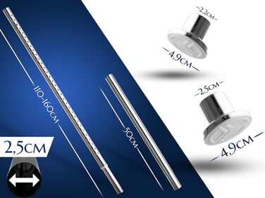Штанга для душу без свердління 160-210 см, срібна, Ø 25 мм, телескопічна. Підходить для ванної, душу та перегородки. Штанга з нержавіючої сталі
