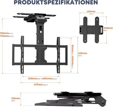 Електричний стельовий кронштейн для телевізора 37-75 дюймів, чорний - похилий, з пультом ДУ, до 45 кг