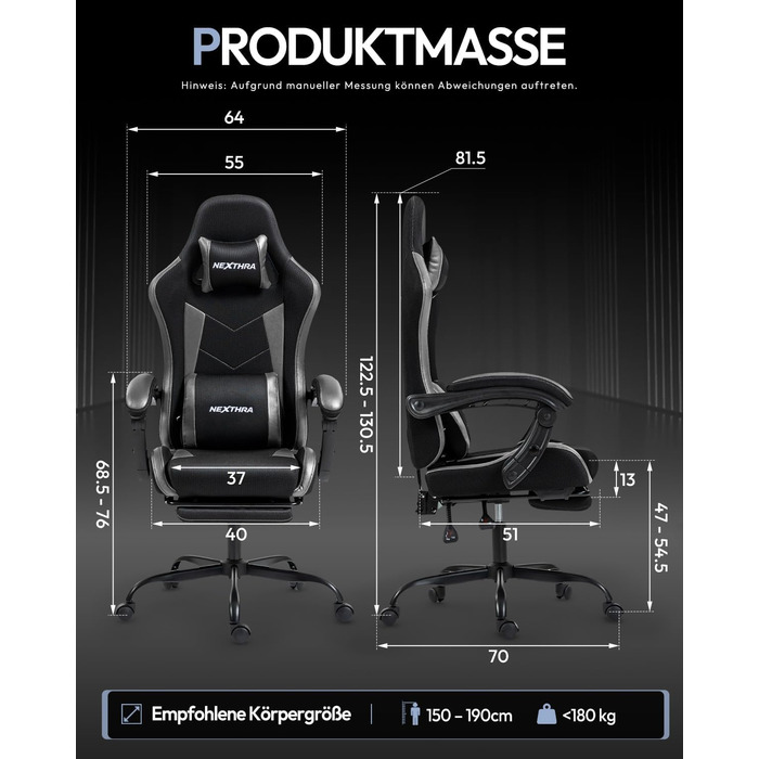 Геймерське крісло Nexthra Ergonomisch з підставкою для ніг, до 180 кг, чорне. Регульована спинка 150°, для геймінгу та офісу