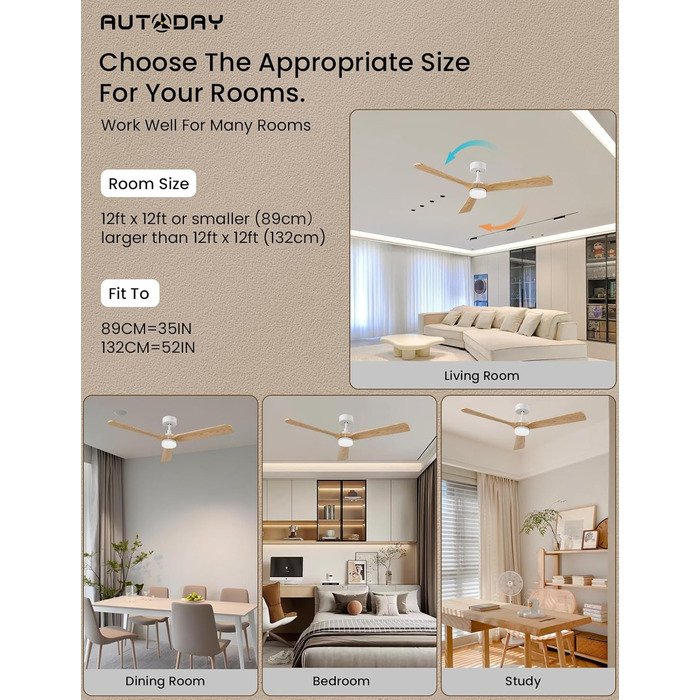 Стеляний вентилятор Holz з підсвічуванням, тихий DC-двигун, 90 см, для вулиці, 3 дерев'яні лопаті, регульоване LED-освітлення 24W, пульт з пам'яттю, 6 швидкостей, таймер (дерево, 52 дюйми)