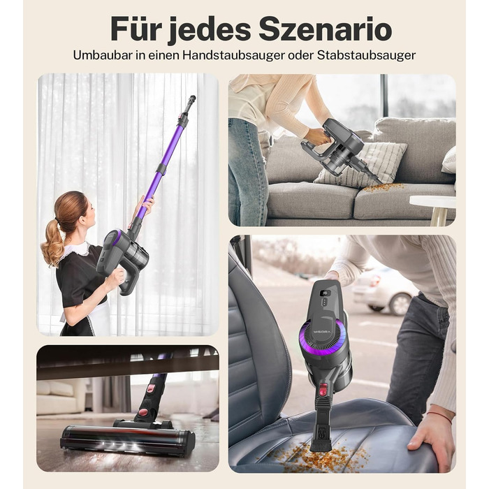 Бездротовий акумуляторний пилосос з потужністю 25000Pa, 175W, час роботи 50 хвилин. З антизаплутувальною насадкою та самостійне зберігання. Легкий ручний пилосос для твердих підлог, килимів, шерсті тварин. Колір: Taro-violett