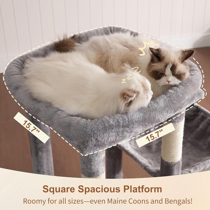 Дерев'яний будиночок для котів Heybly Kratzbaum 120см - великий котячий комплекс з міцною основою, багатоярусні м'які меблі, когтеточка, гамак та іграшка, сірий HCT026W