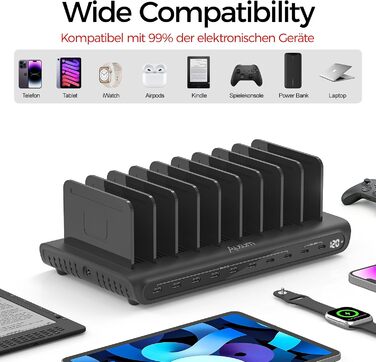 Зарядний пристрій Alxum 60W USB, 10 портів, 5V/2.4A, для телефону, планшета, Kindle - чорний