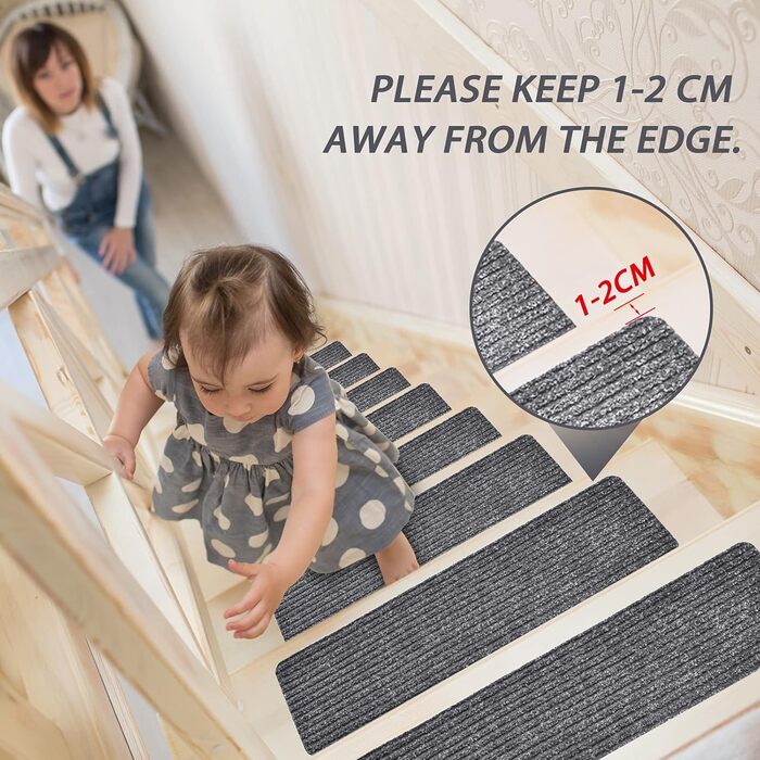Набір сходинкових килимків MBIGM 15 шт. 20x76 см, самоклеючі, для безпеки дітей, літніх людей та домашніх тварин, сірий