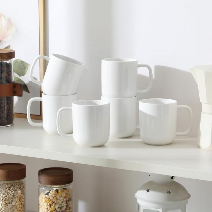 Набір чашок для кави MALACASA LUNA, 6 шт., 300 мл, порцеляна. Підходять для кави, чаю, соку, лате, капучино, какао. Можна мити в посудомийній машині та використовувати в мікрохвильовці. Серія LUNA, білий колір.