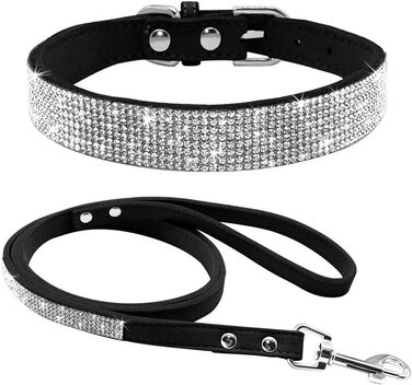 Soft Suede Dog Collar, Shimmering, Sparkling, Elegant, Unique, Embellished with Rhinestones, for Pets, Puppies, Cats, Dogs, Combo Set with Leash (XXS, Black)
