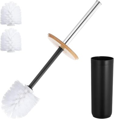 Набір для чищення унітазу: щітка, відро для зберігання, 3 насадки. Бамбук, пластик. Для декоративного інтер'єру ванної кімнати (білий, чорний)