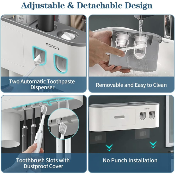 Automatic Toothpaste Dispenser, DENSAIL Toothbrush Holder Wall Mount with Dustproof Cover and 2 Toothpaste Dispensers, 2 Electric Toothbrush Holders, and 4 Toothbrush Organizer Slots (2 Dispensers + 2 Cups)