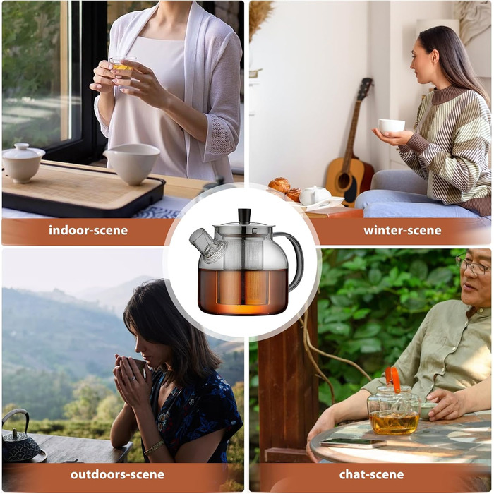 Скляний чайник з ситечком та підставкою для підігріву, 1500 мл, з боросилікатного скла, для листового чаю та чайних пакетів, чорний