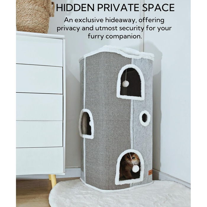 Кігтеточка-будиночок для котів велика, сіра, 42x42x33 см з подушкою та іграшкою