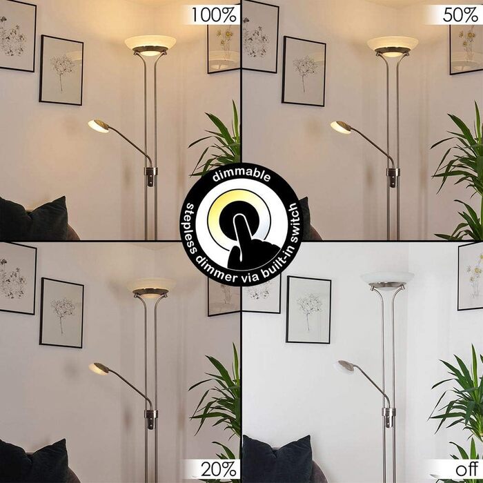 LED торшер Rom з металу, диммування, поворотний диммер на корпусі, 18W (1600Lm) + 5W (480Lm), 3000K (тепле біле світло), регульований бра, Нікель Матовий