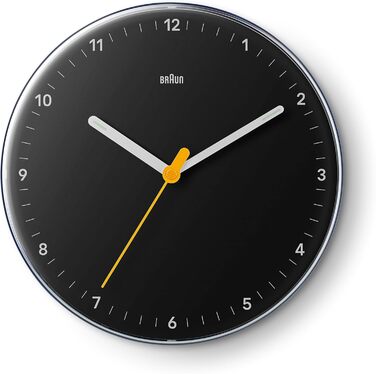 Braun Classic Analog Wall Clock with Silent Quartz Movement, Easy to Read, 23 cm Diameter in Black, Model BC26B.