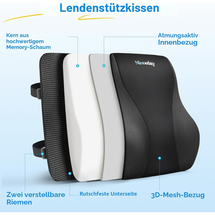 Подушка для попереку Niceeday для офісного крісла та авто з піни Memory Foam, дихаюча 3D сітка, підтримка спини