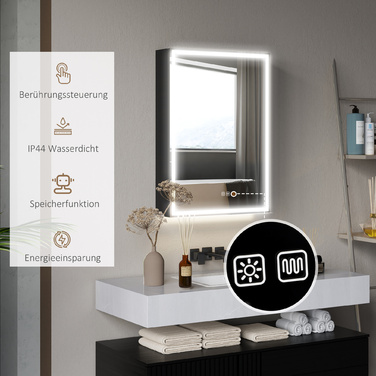 Дзеркальна шафа HOMCOM з LED-підсвіткою, 50 x 70 см, з регульованою яскравістю, проти запотівання, чорного кольору