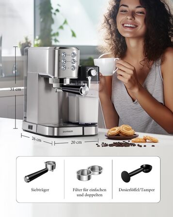 Професійна кавомашина SHARDOR для еспресо, капучино та лате макіато, 1350W, 20 Bar, нержавіюча сталь