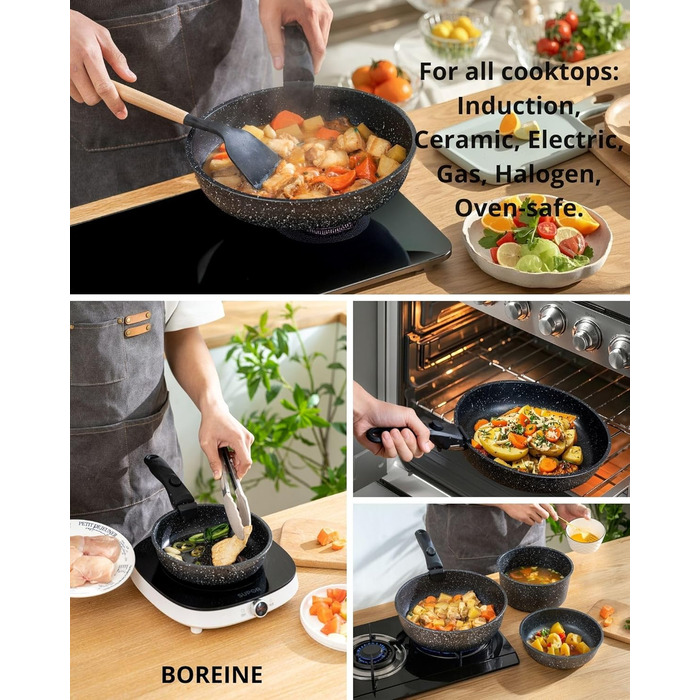 Набір посуду BOREINE 14 предметів: каструлі та сковороди з антипригарним гранітним покриттям (PFOA-free), знімні ручки, для всіх типів плит (індукція, склокераміка, газ, духовка), коричневий