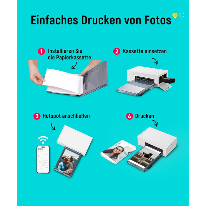 Портативний фотодрук для смартфонів Liene (10x15 см) + 2 пачки фотопаперу (20+80 аркушів), WiFi, сумісний з iPhone/Android/PC, 300 DPI, кольорова сублімація, білий