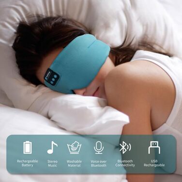Маска для сну Joythink з Bluetooth 5.3 навушниками, шовкова, для бічного сну, 16 год. автономії, миюча, для подорожей, медитації (блакитна)