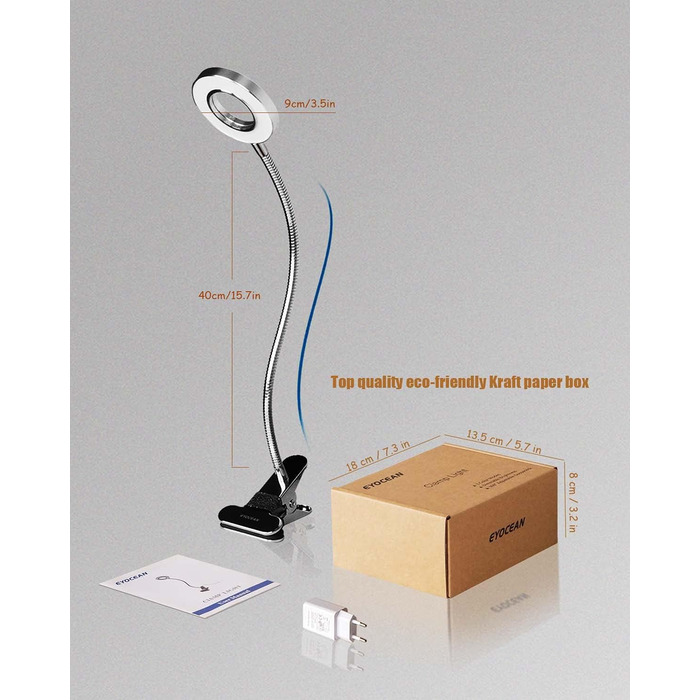 LED лампа для читання з кліпсою, диммер, 3 режими, 10 рівнів яскравості, срібляста, 8W