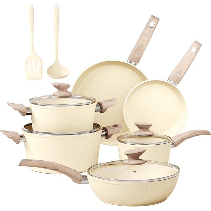 Набір посуду MAISON ARTS 12 предметів: каструлі та сковороди з антипригарним покриттям, гранітне покриття, для індукції, плити, бежевий