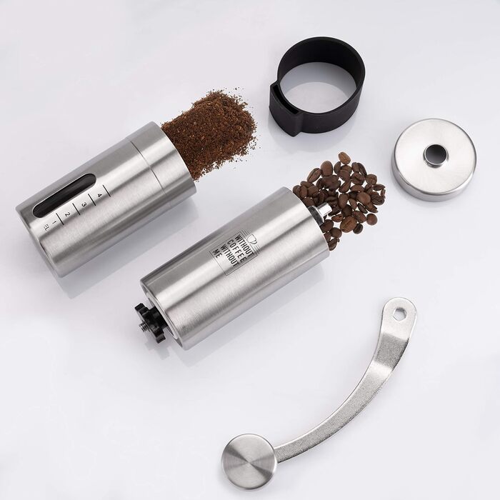 NOUTEN® Преміум ручна кавомолка з керамічним жорном - компактна кавомолка з сумкою та кріпленням для подорожей, плавне регулювання помелу