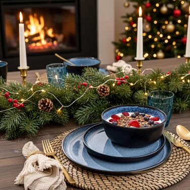 SÄNGER Aruba: Комплект посуду 30 предметів для 6 осіб | Керамічний посуд, миючий посуд, посуд для мікрохвильової печі, синій з чорним обідком