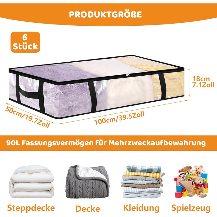 Контейнери для зберігання під ліжко 90л з кришкою (6 шт, прозорі) - для постільної білизни, одягу, ковдр