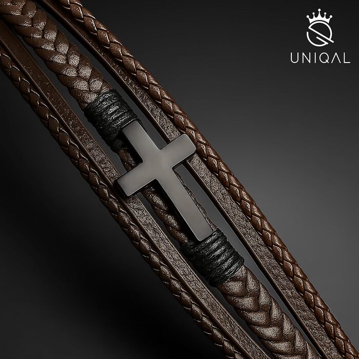 Чоловічий шкіряний браслет UNIQAL 'HEAVEN' з хрестом та магнітним замком, коричневий 19 см + подовжувач, в подарунковій коробці