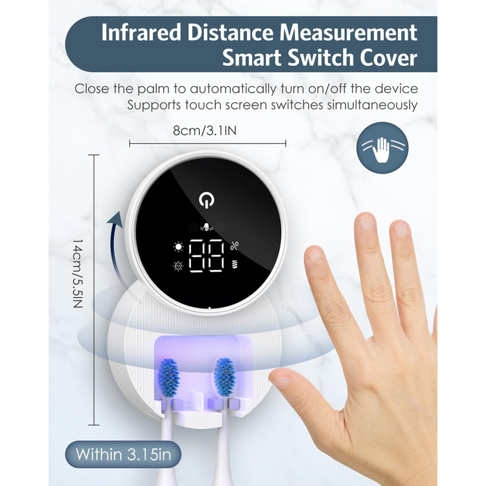Тримач для зубних щіток з УФ дезінфекцією, електричний, з сушкою та LED-дисплеєм, перезаряджуваний, настінний, 2 слоти