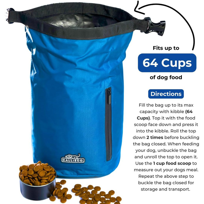 Сумка для корму для собак Callieco з міркою та кишенькою, водонепроникний контейнер для дому, подорожей, кемпінгу, 64 порції (Блакитний)