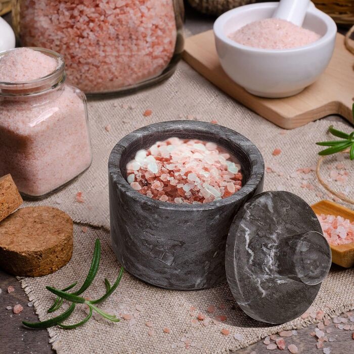 Marble Salt Box with Lid, Multi-Purpose Marble Container for Salt, Pepper, Paprika, and Powdered Herbs, Marble Box for Jewelry, Watches, and Accessories Black