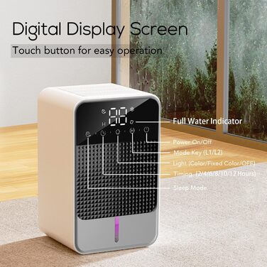 Електричний осушувач повітря 1.2L для дому та підвалу, 30м², з автовимкненням та освітленням