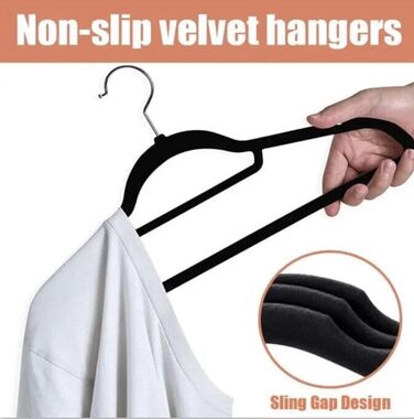50 шт. Чорні велюрові вішалки для одягу з нековзким покриттям, для костюмів та краваток, з поворотним механізмом 360°, сріблясті