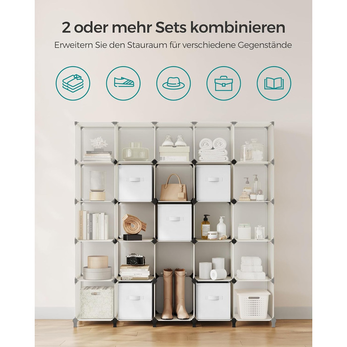 SONGMICS Cube Shelf with 6 Boxes, Shelving System, Storage Shelf with 6 Cubes, DIY, Expandable, Space-Saving, Bedroom, White LPC062W06