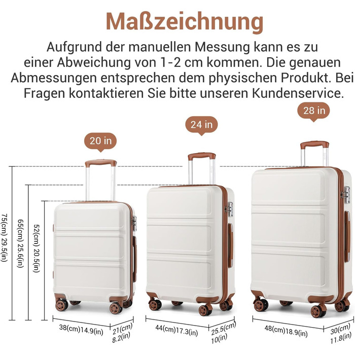 Чемодан-валіза KONO з ABS+PC: легкий, з TSA-замком та 4 колесами, 65 см, кремовий