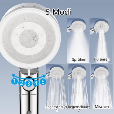 Fall Shower Head with Filter - High-Pressure Handheld Shower with 1.5M Hose, Shower Head with 5 Spray Patterns and Stop Function, Shower Head with Hose, Chrome (Chrome and White)