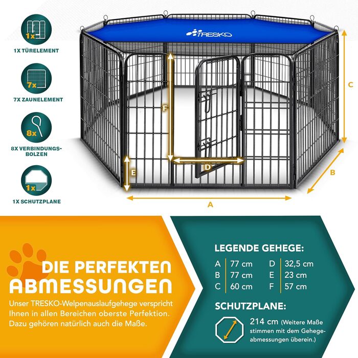 ТресКо® вольєр для цуценят 60 см, з дахом та анкерами | Вольєр для собак 8-секційний | Розкладний вольєр для собак з дверцятами | Збірка без інструментів | Вольєр для тварин, стійкий до погодних умов 77 x 60 см