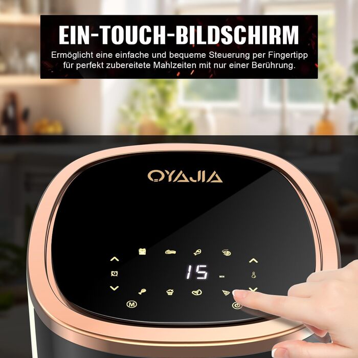 Фритюрниця без олії 6L з 8 програмами, Rapid Air, сенсорний екран, вікно, 200°C, 1200W, для миття в посудомийній машині, гриль, випічка, смаження (Біла)