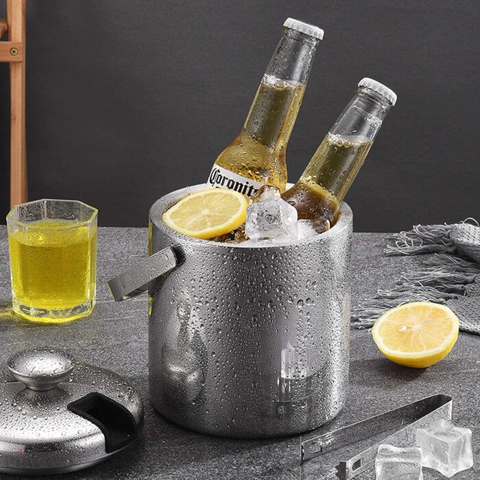 Ейсбкет (відро для льоду) 3L з кришкою, щипцями та ситом, з нержавіючої сталі - для вечірок, ресторанів, пікніків