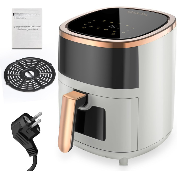 Фритюрниця без олії 6L з 8 програмами, Rapid Air, сенсорний екран, вікно, 200°C, 1200W, для миття в посудомийній машині, гриль, випічка, смаження (Біла)