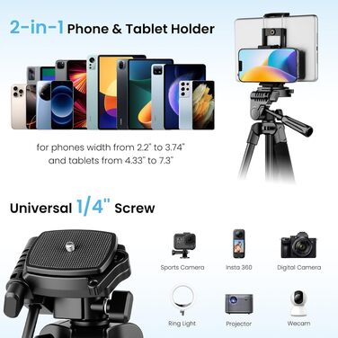 Тринога-штатив Nineigh для смартфона та DSLR камери, алюмінієвий легкий штатив з дистанційним пультом та 3D-головою, висота 211 см, чорний