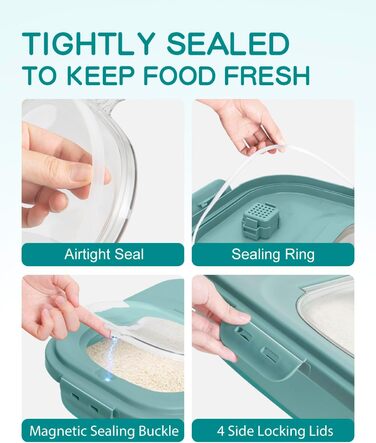 Контейнер для зберігання рису, складний, на колесах, з герметичним кришкою, мірний стакан та лопатка, для продуктів, рису, кормів для тварин, борошна, темно-зелений, 9-13,6 кг