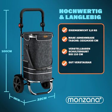 MONZANA® Тріо-тележка для покупок 56л, до 50 кг, складана, знімний мішок, ручний вагончик, допомога у покупках, чорна